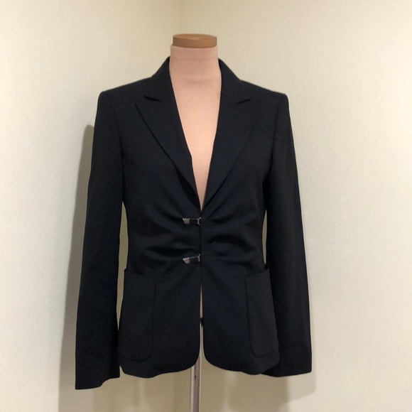 Piazza Sempione Blazer Size IT 44 US 8 Black Virgin Wool Ruched Front - Picture 2 of 13